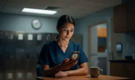 Nurse using a wellness app on her phone during a break to manage shift work burnout