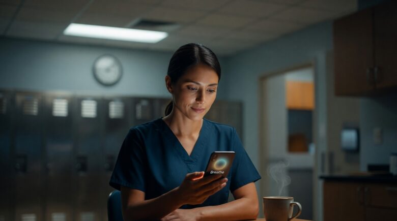 Nurse using a wellness app on her phone during a break to manage shift work burnout