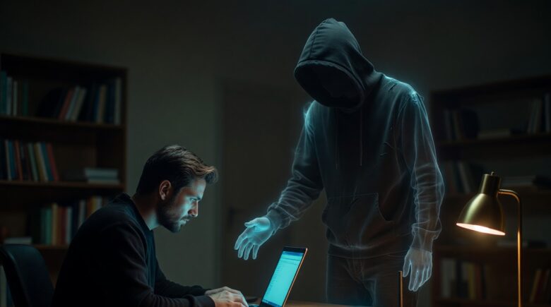 Illustration of a man-in-the-middle attack showing a hacker intercepting communication between two users