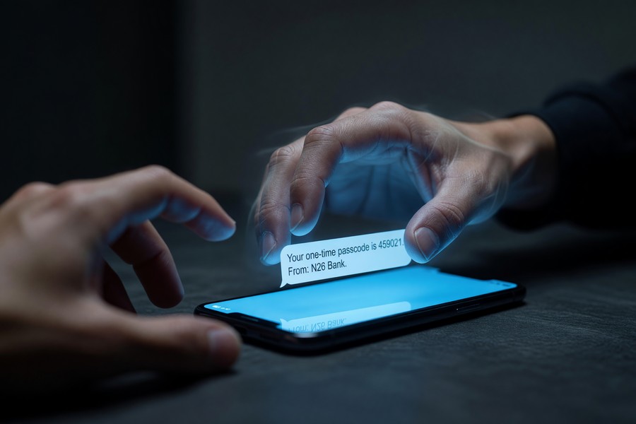 Diagram showing the SIM swap attack process from data theft to account takeover