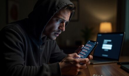 Illustration of a SIM swapping attack showing a hacker hijacking a phone number on a mobile device