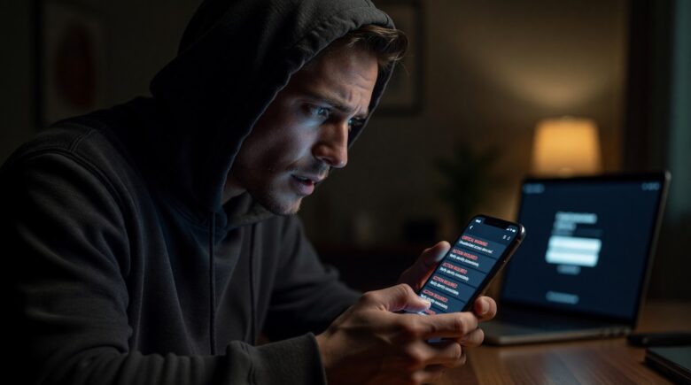 Illustration of a SIM swapping attack showing a hacker hijacking a phone number on a mobile device