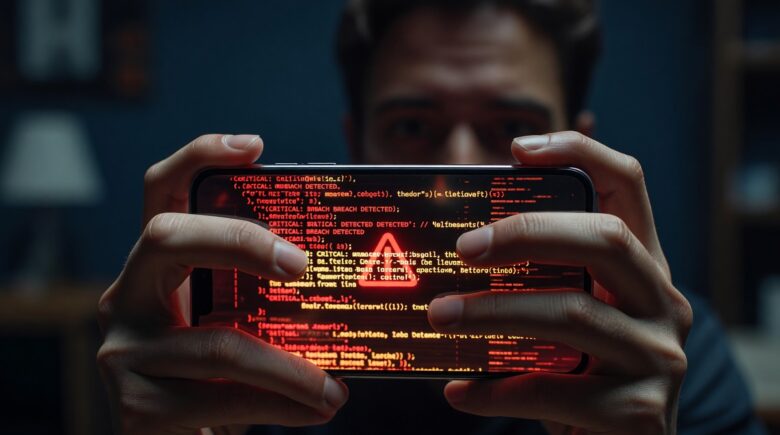 Smartphone screen showing a security warning representing a zero-day exploit phone threat