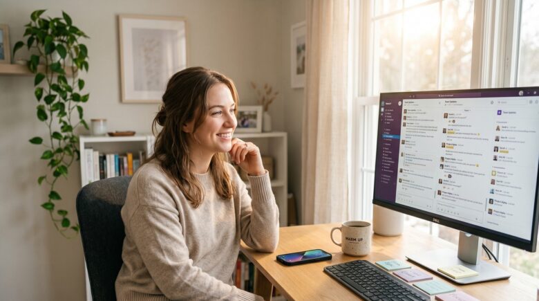 Remote team using asynchronous messaging tools to collaborate across time zones