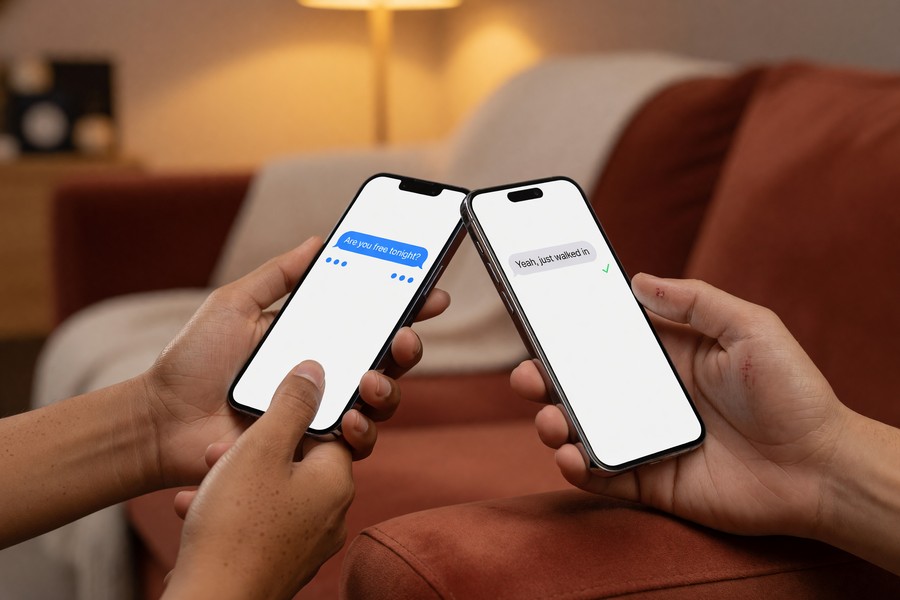 Side-by-side comparison of an SMS conversation versus an RCS conversation showing read receipts and media quality