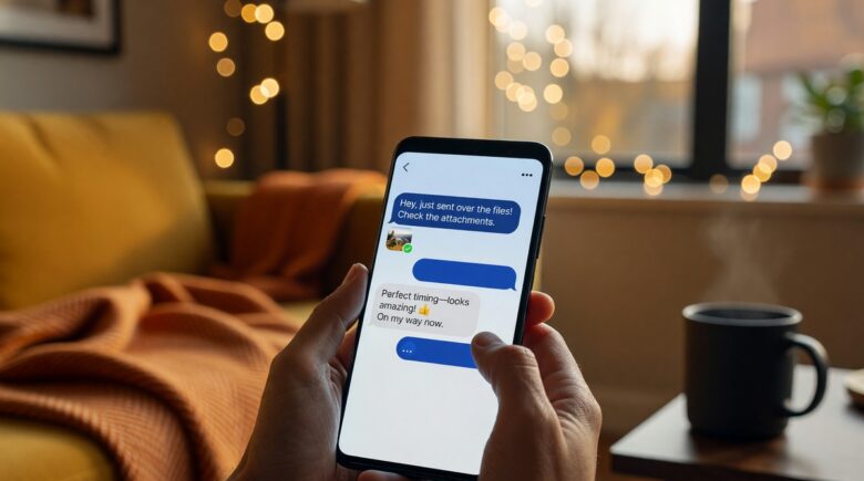 Smartphone screen showing RCS messaging interface with rich chat features
