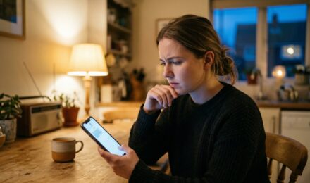 Person receiving a smishing text scam on their smartphone with a warning alert overlay