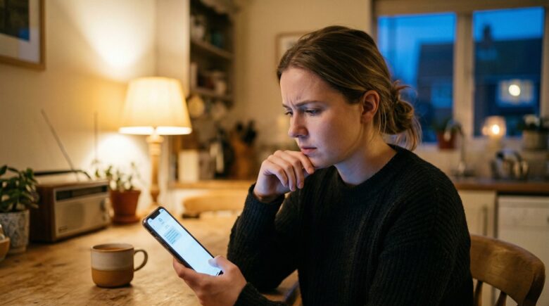 Person receiving a smishing text scam on their smartphone with a warning alert overlay