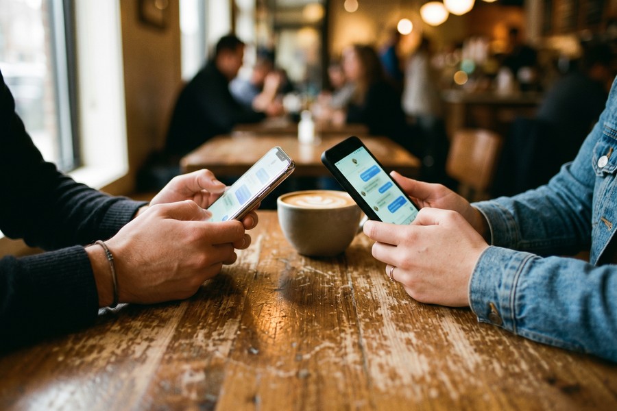 Side-by-side comparison of WhatsApp and iMessage chat interfaces on mobile