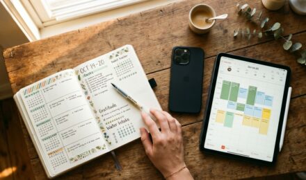 Open paper planner beside a smartphone calendar app on a wooden desk