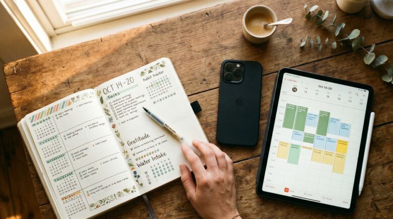 Open paper planner beside a smartphone calendar app on a wooden desk