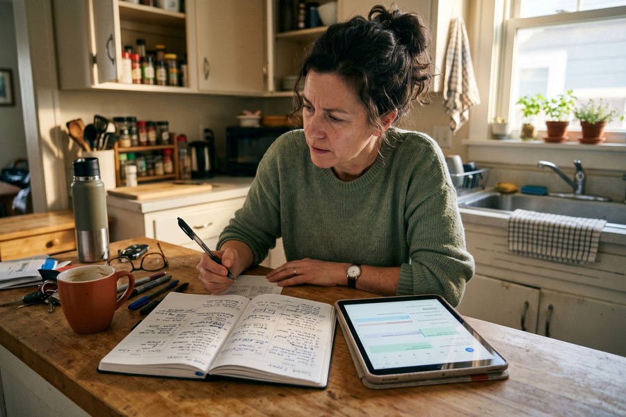 Split-image comparison of a handwritten paper planner and a digital planning app on a tablet screen