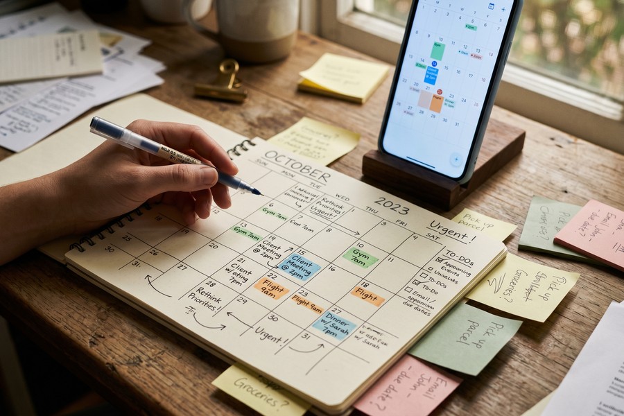 Flat-lay of a paper planner open to a weekly spread alongside a smartphone showing a digital calendar