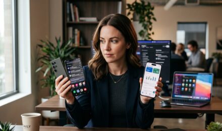 Android phone showing two apps running side by side in split screen mode next to an iPhone displaying Picture in Picture only