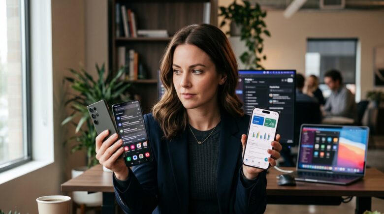 Android phone showing two apps running side by side in split screen mode next to an iPhone displaying Picture in Picture only