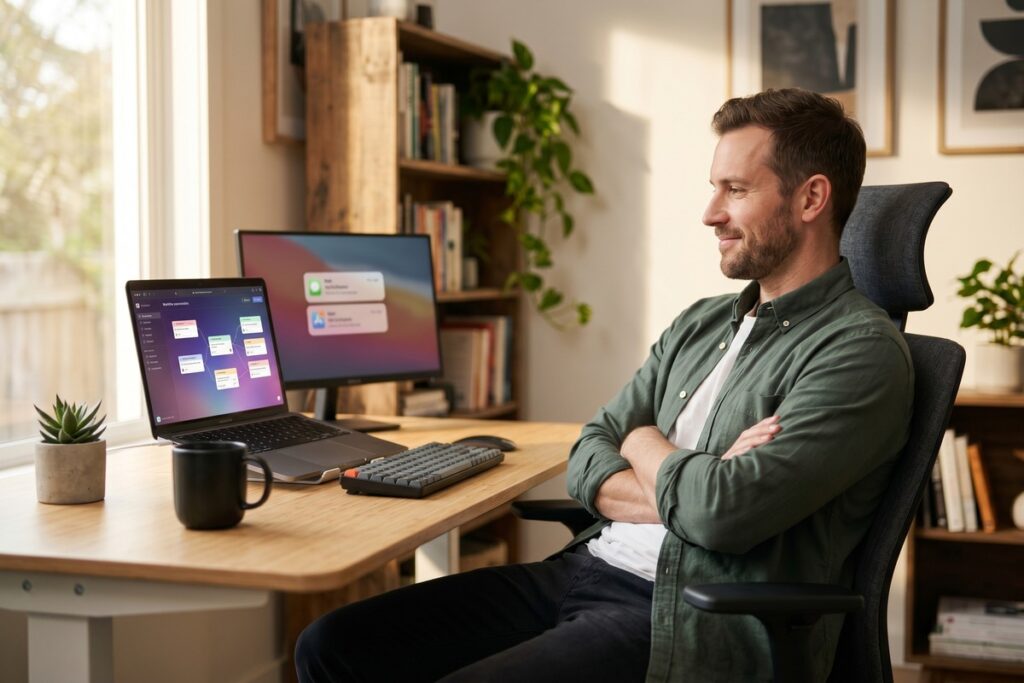 Solopreneur using automation apps on laptop to manage business tasks without a team