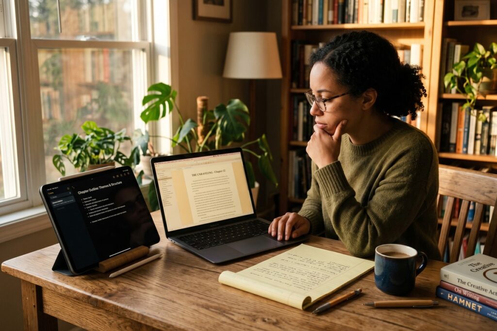 Bear and Ulysses app icons side by side on a MacBook screen with a blank writing document open