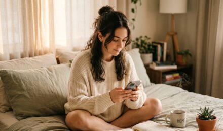 Person sitting at a desk using a wellness app on their phone surrounded by a journal and morning routine items