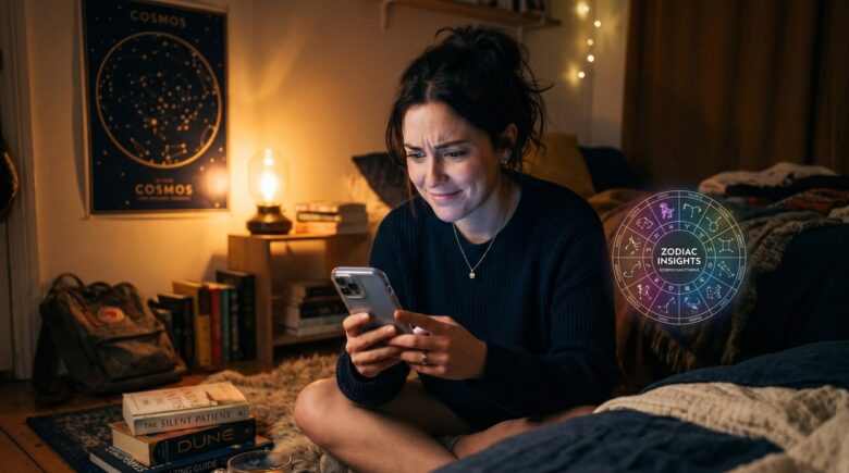 Smartphone screen displaying an astrology app birth chart alongside a cup of coffee on a wooden desk