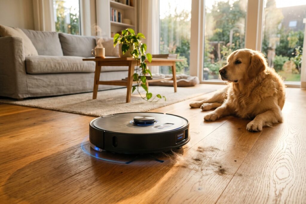 Robot vacuum cleaning pet hair off a hardwood floor with a golden retriever resting nearby