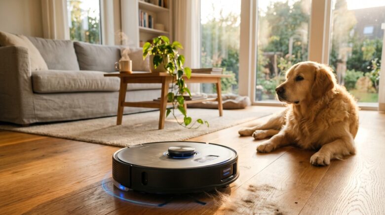 Robot vacuum cleaning pet hair off a hardwood floor with a golden retriever resting nearby