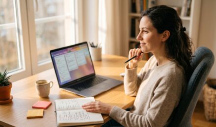 A person comparing task management apps on a laptop and phone at a clean desk