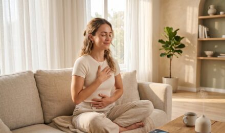 Person sitting cross-legged practicing deep breathing exercises while holding a smartphone showing a breathwork app
