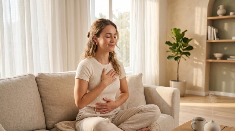 Person sitting cross-legged practicing deep breathing exercises while holding a smartphone showing a breathwork app