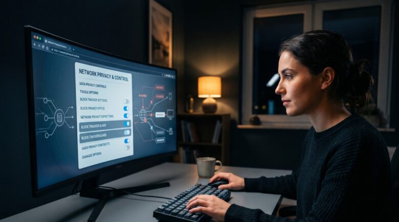A browser settings panel open on a laptop screen showing privacy and tracking protection options
