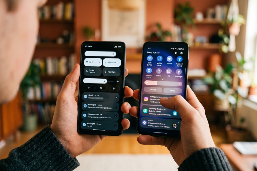 Side-by-side comparison of iPhone Control Center and Android Quick Settings showing screen recorder buttons