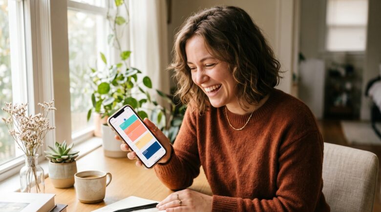Person reviewing a color-coded daily schedule on a calendar blocking app on their smartphone at a desk