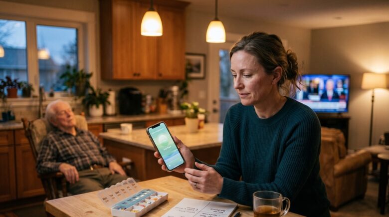 An adult caregiver sitting at a kitchen table reviewing a medication management app on a smartphone while an elderly parent rests nearby