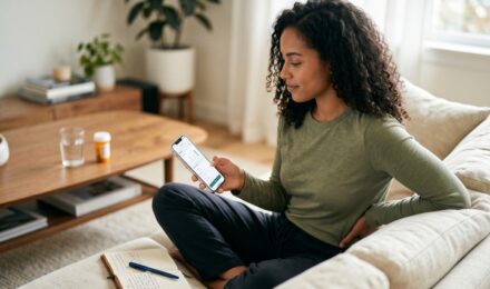 Person using a smartphone app to log chronic pain symptoms and flare-up intensity on a daily tracker screen