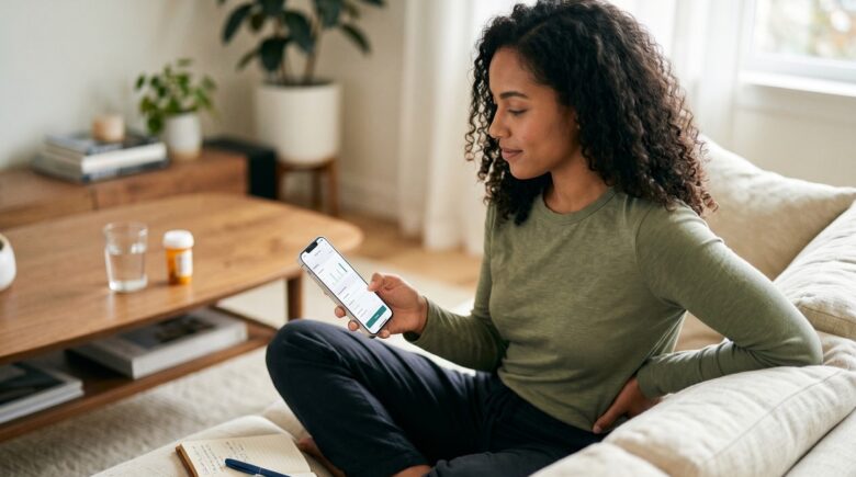 Person using a smartphone app to log chronic pain symptoms and flare-up intensity on a daily tracker screen