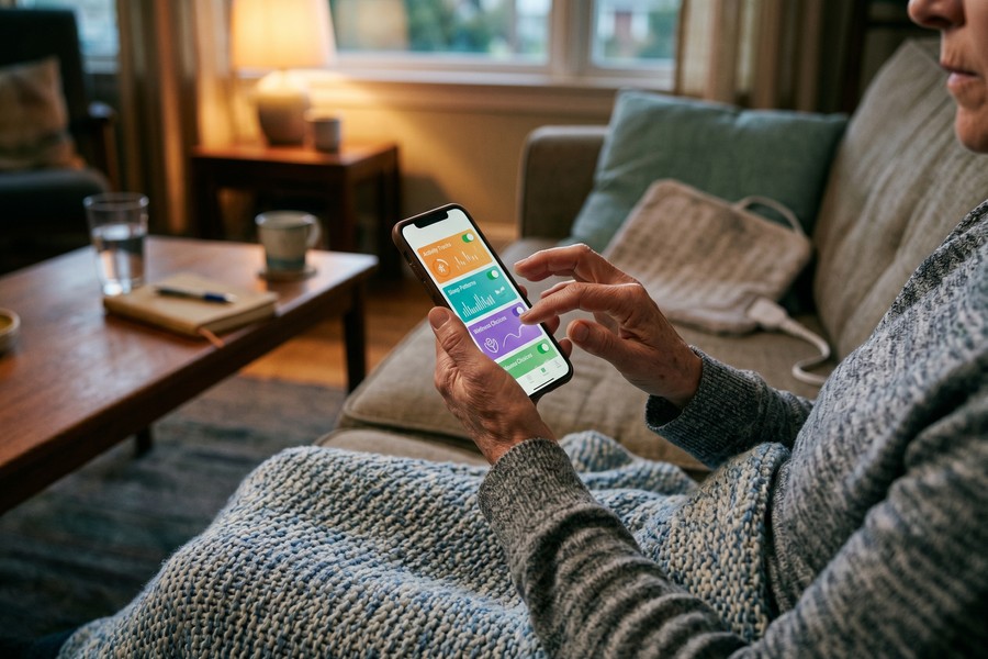 Side-by-side comparison of chronic pain tracking app interfaces on smartphone screens