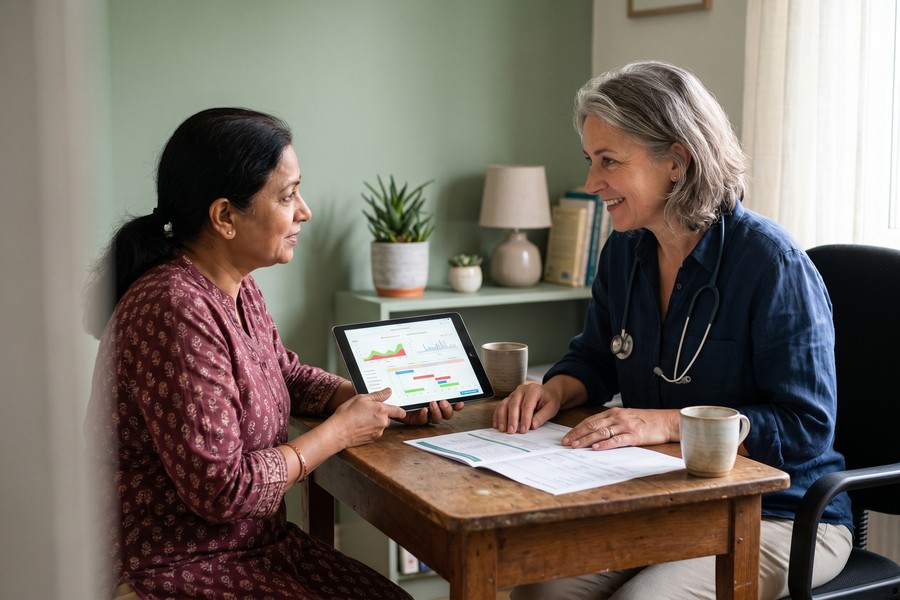 Person reviewing a printed pain tracking report during a medical consultation with a doctor