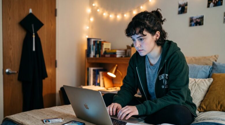 College student reviewing account security settings on a laptop while packing belongings before graduation
