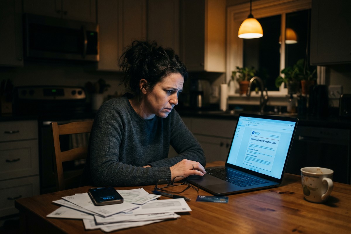 Hacker analyzing a data breach notification letter on a dark computer screen
