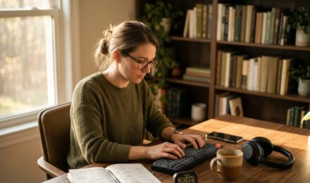 Knowledge worker sitting at a clean desk with a single monitor, headphones on, working in an uninterrupted focus block