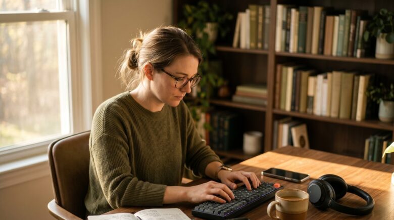 Knowledge worker sitting at a clean desk with a single monitor, headphones on, working in an uninterrupted focus block