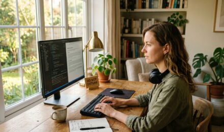 Freelancer working alone at a clean desk during a focused deep work session with no notifications visible on screen