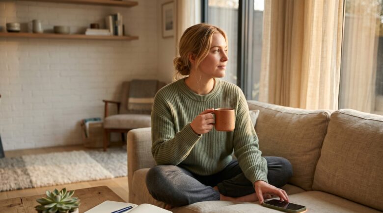 Person placing a smartphone face-down on a wooden desk beside a cup of coffee, symbolizing a digital detox break