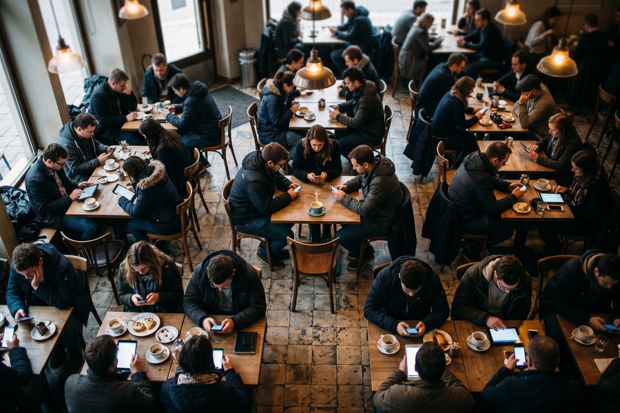 Person sitting with phone showing screen time dashboard and app usage breakdown statistics