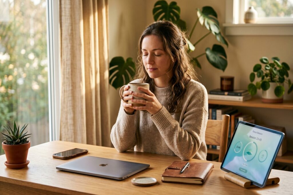 Remote worker using a digital detox app on a laptop to improve focus and reduce screen time