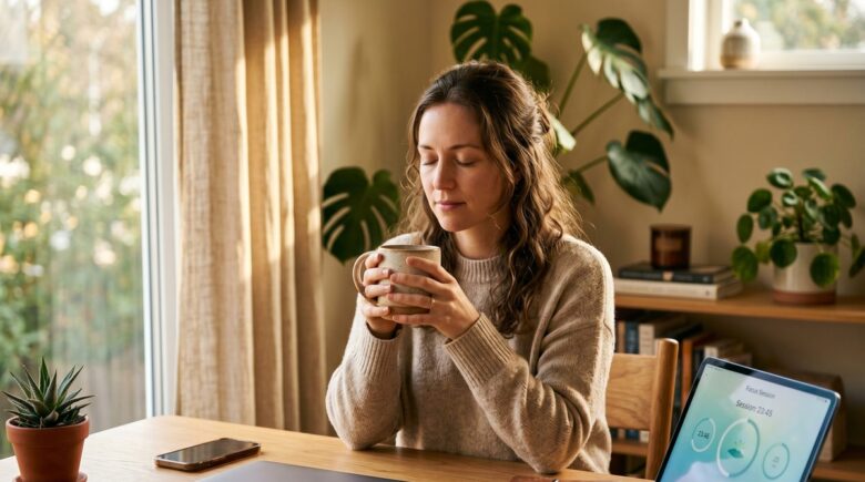Remote worker using a digital detox app on a laptop to improve focus and reduce screen time