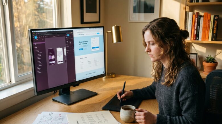 A freelance designer's screen showing Figma and Adobe XD interfaces open side by side on a laptop during a client project
