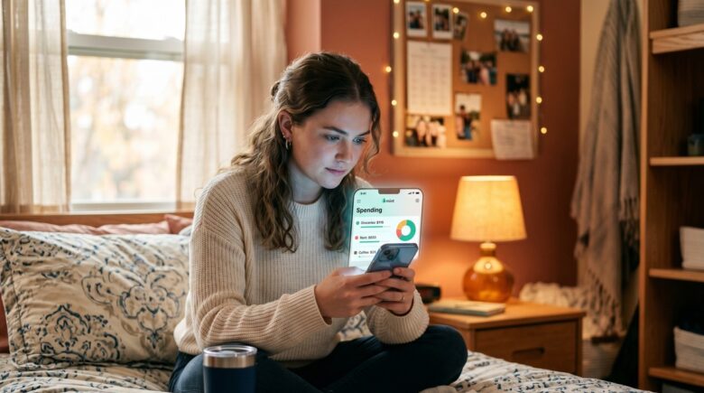 College student reviewing a budgeting app on a laptop with financial aid documents nearby