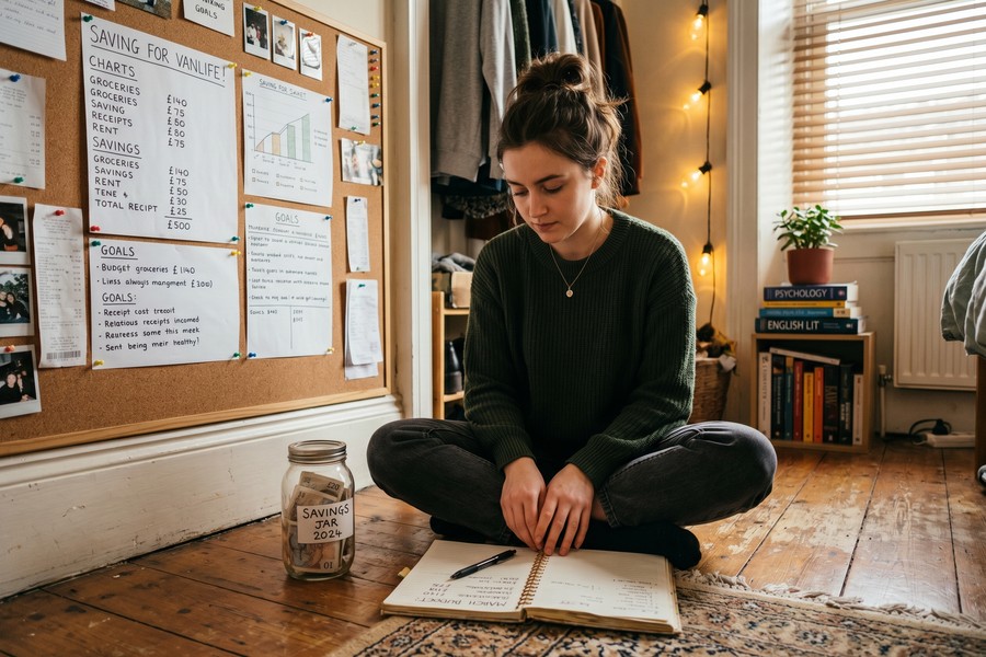 A college graduate sitting at a desk reviewing a financial plan on a laptop with a diploma visible in the background