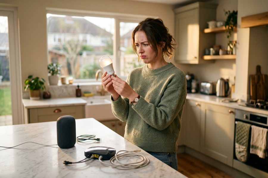 Flat-lay of smart home starter kit including Echo Dot, smart bulbs, air quality monitor, smart plugs