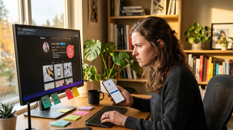 Freelance designer sitting at a desk reviewing Instagram account recovery options on a laptop